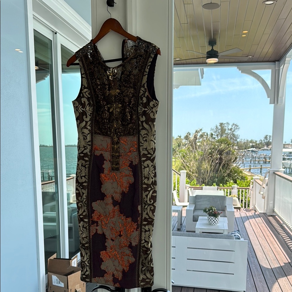 Elegant Floral Dress with Black and Orange Accents